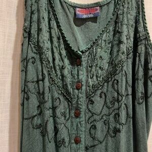 Green Embroidered Button-Up Dress